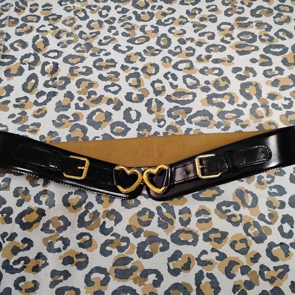 ❤️MOSCHINO GOLD 2 HEART BUCKLES Black Patent Leather Belt Sz 48 32/36 - Picture 1 of 7